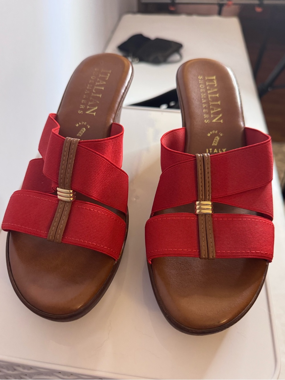 Italian Shoemakers Red and Brown Elastic Strap Slide Mules